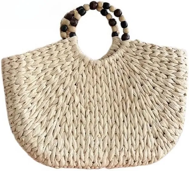 Retro Wooden Bead Semicircle Straw Woven Handbag for Women Top Handle Clutch Beach Vacation Versatile Chic Hollow Casual
