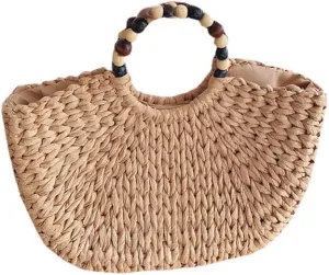 Retro Wooden Bead Semicircle Straw Woven Handbag for Women Top Handle Clutch Beach Vacation Versatile Chic Hollow Casual