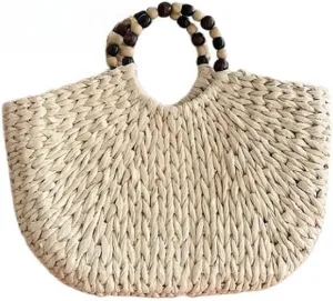 Retro Wooden Bead Semicircle Straw Woven Handbag for Women Top Handle Clutch Beach Vacation Versatile Chic Hollow Casual