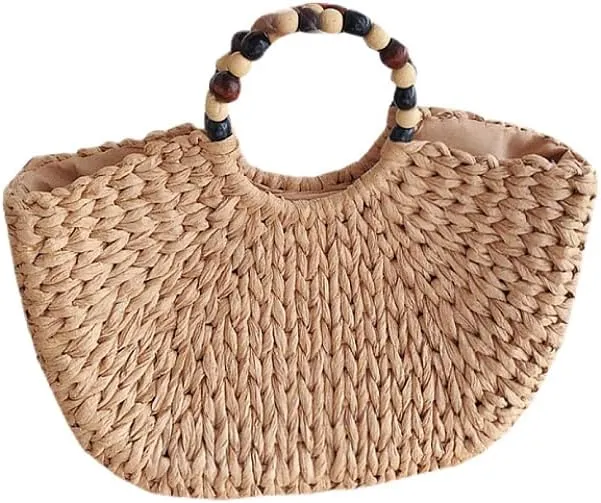 Retro Wooden Bead Semicircle Straw Woven Handbag for Women Top Handle Clutch Beach Vacation Versatile Chic Hollow Casual