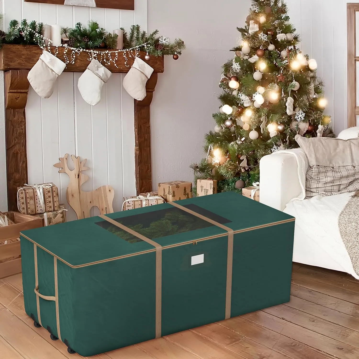 Rolling Christmas Tree Storage Bag - Heavy-Duty Storage Bags for 12-ft Artificial Trees, Seasonal Décor, Packing, Moving, and More by Elf Stor (Green)