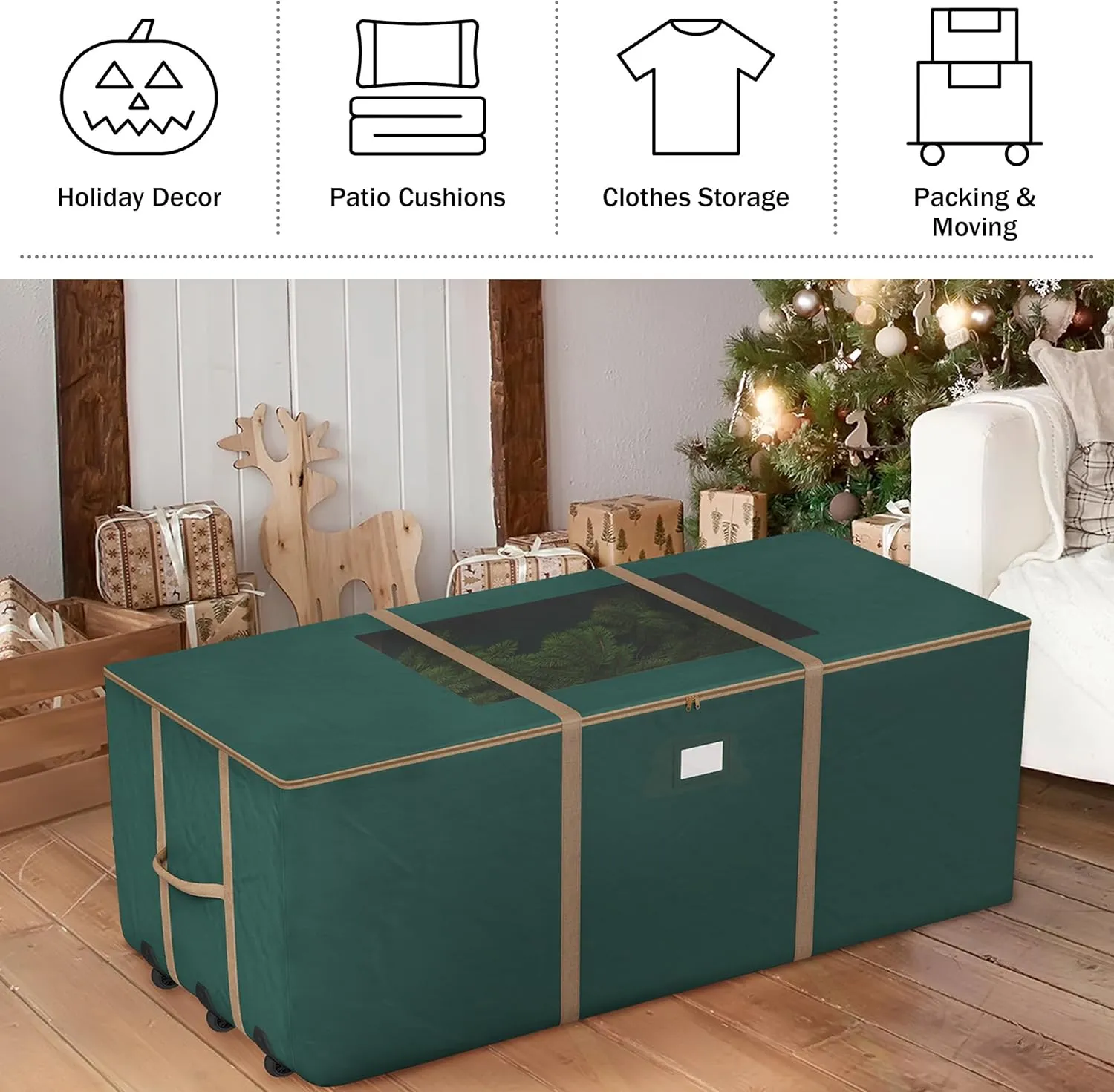 Rolling Christmas Tree Storage Bag - Heavy-Duty Storage Bags for 12-ft Artificial Trees, Seasonal Décor, Packing, Moving, and More by Elf Stor (Green)