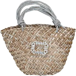 RomanticDesign Women Straw Beach Bag Woven Tote Bag Small Summer Handbag with Rhinestone Handle