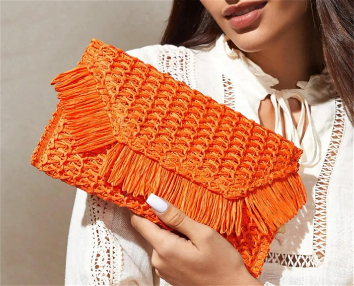 RomanticDesign Women Straw Woven Clutch Lightweight Summer Vacation Beach Bag Tassel Purse for Travel