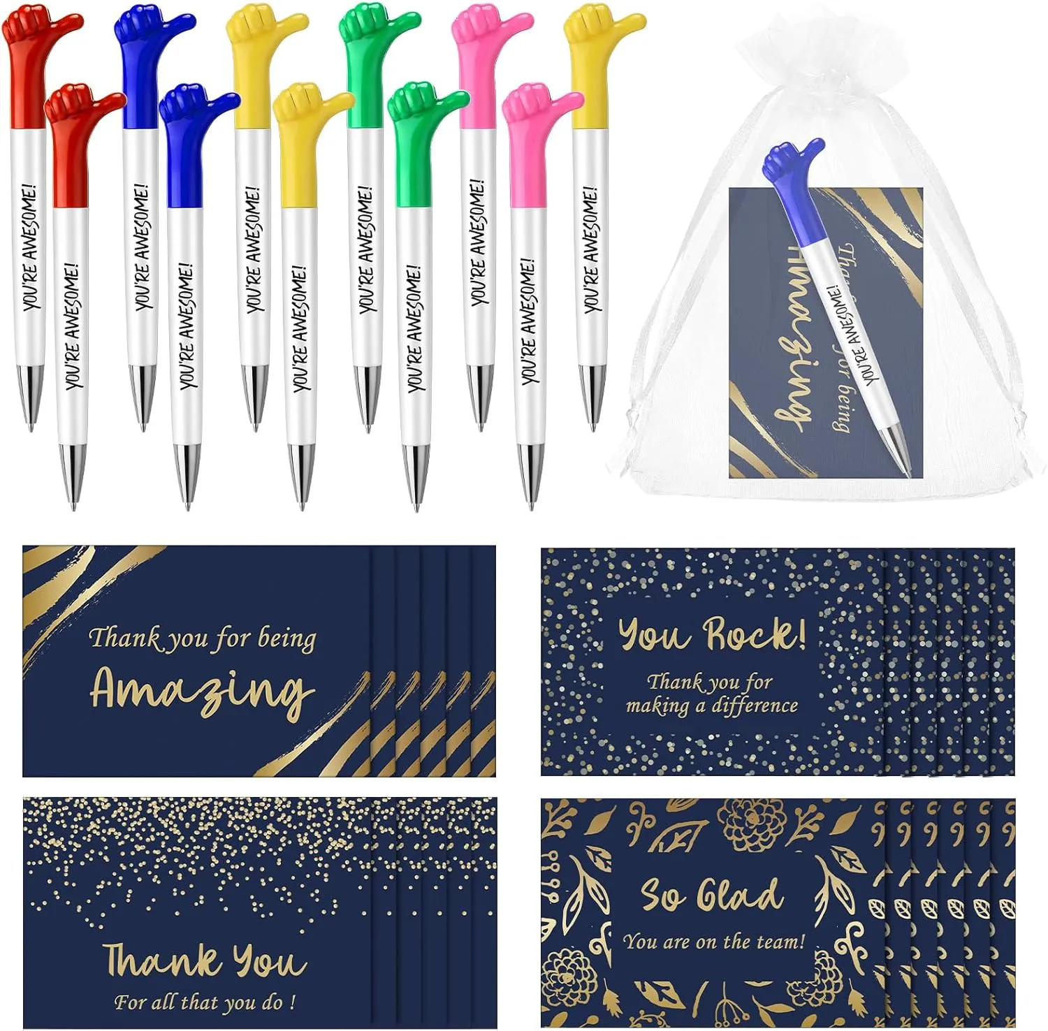 Roowest 50 Sets Inspirational Thumbs up Pens Gifts Bulk with Thank You Cards Organza Bag Motivational Ballpoint Pen Encouragement Appreciation Gifts for School Employee Staff Student Nurse Teacher