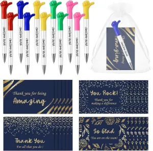 Roowest 50 Sets Inspirational Thumbs up Pens Gifts Bulk with Thank You Cards Organza Bag Motivational Ballpoint Pen Encouragement Appreciation Gifts for School Employee Staff Student Nurse Teacher
