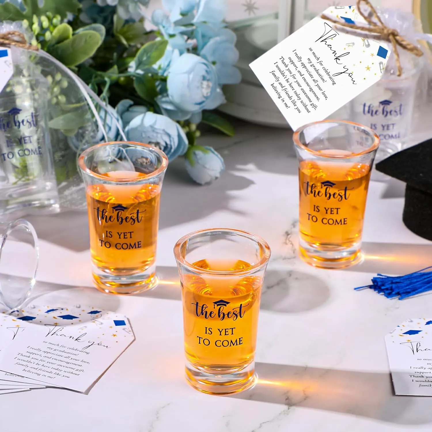 Roshtia 25 Set Graduation Gifts Party Favors Class of 2025 the Best Is Yet to Come Acrylic Shot Glasses with Thank You Cards and Organza Bags for High School College Grad Guests Return Gifts(Blue)