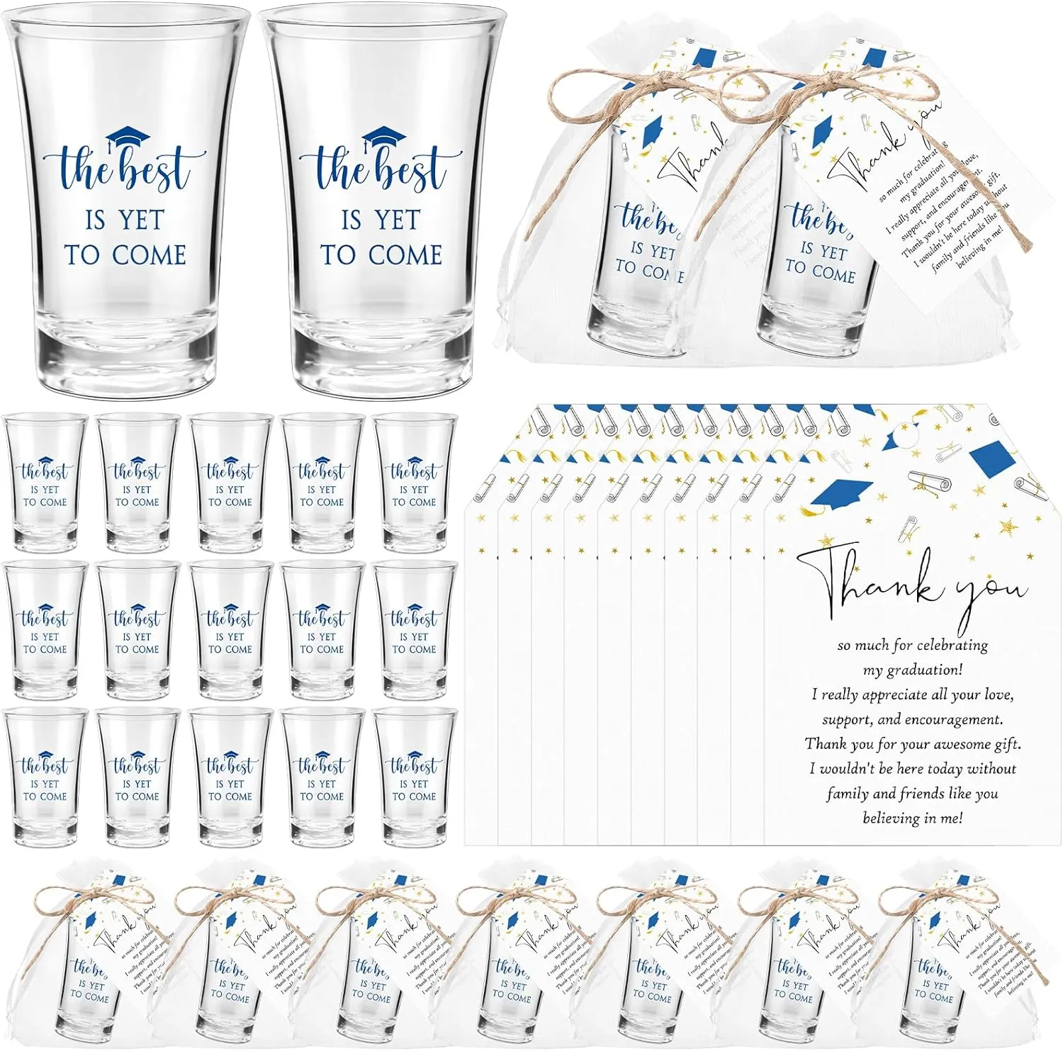 Roshtia 25 Set Graduation Gifts Party Favors Class of 2025 the Best Is Yet to Come Acrylic Shot Glasses with Thank You Cards and Organza Bags for High School College Grad Guests Return Gifts(Blue)