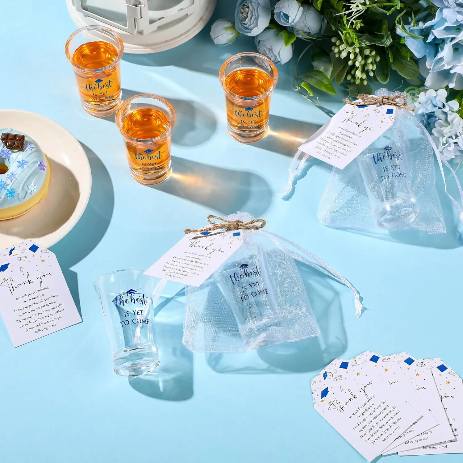 Roshtia 25 Set Graduation Gifts Party Favors Class of 2025 the Best Is Yet to Come Acrylic Shot Glasses with Thank You Cards and Organza Bags for High School College Grad Guests Return Gifts(Blue)