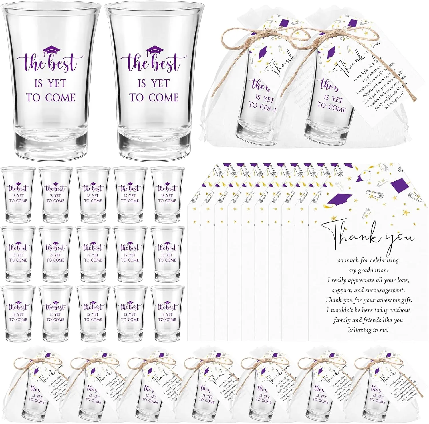 Roshtia 25 Set Graduation Gifts Party Favors Class of 2025 the Best Is Yet to Come Acrylic Shot Glasses with Thank You Cards and Organza Bags for High School College Grad Guests Return Gifts(Purple)