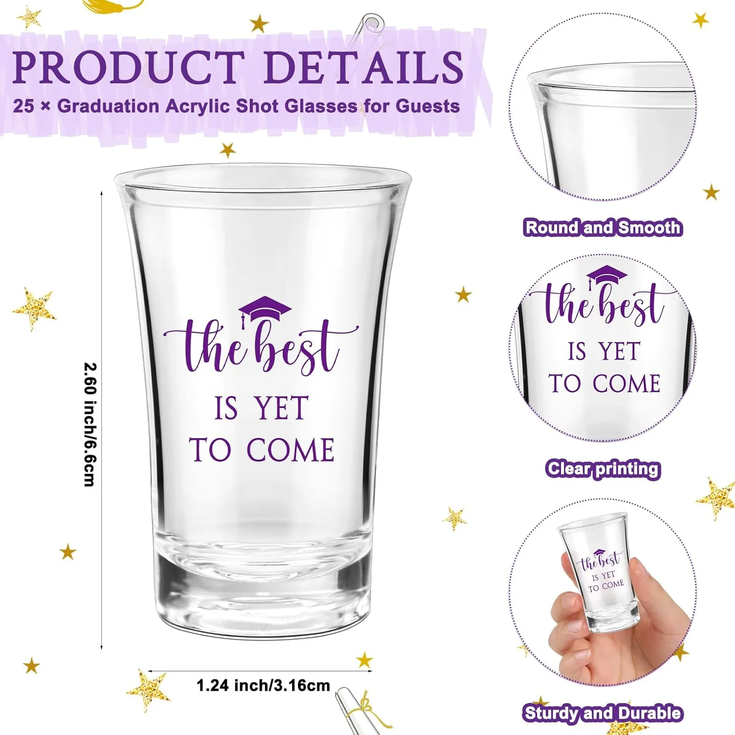 Roshtia 25 Set Graduation Gifts Party Favors Class of 2025 the Best Is Yet to Come Acrylic Shot Glasses with Thank You Cards and Organza Bags for High School College Grad Guests Return Gifts(Purple)