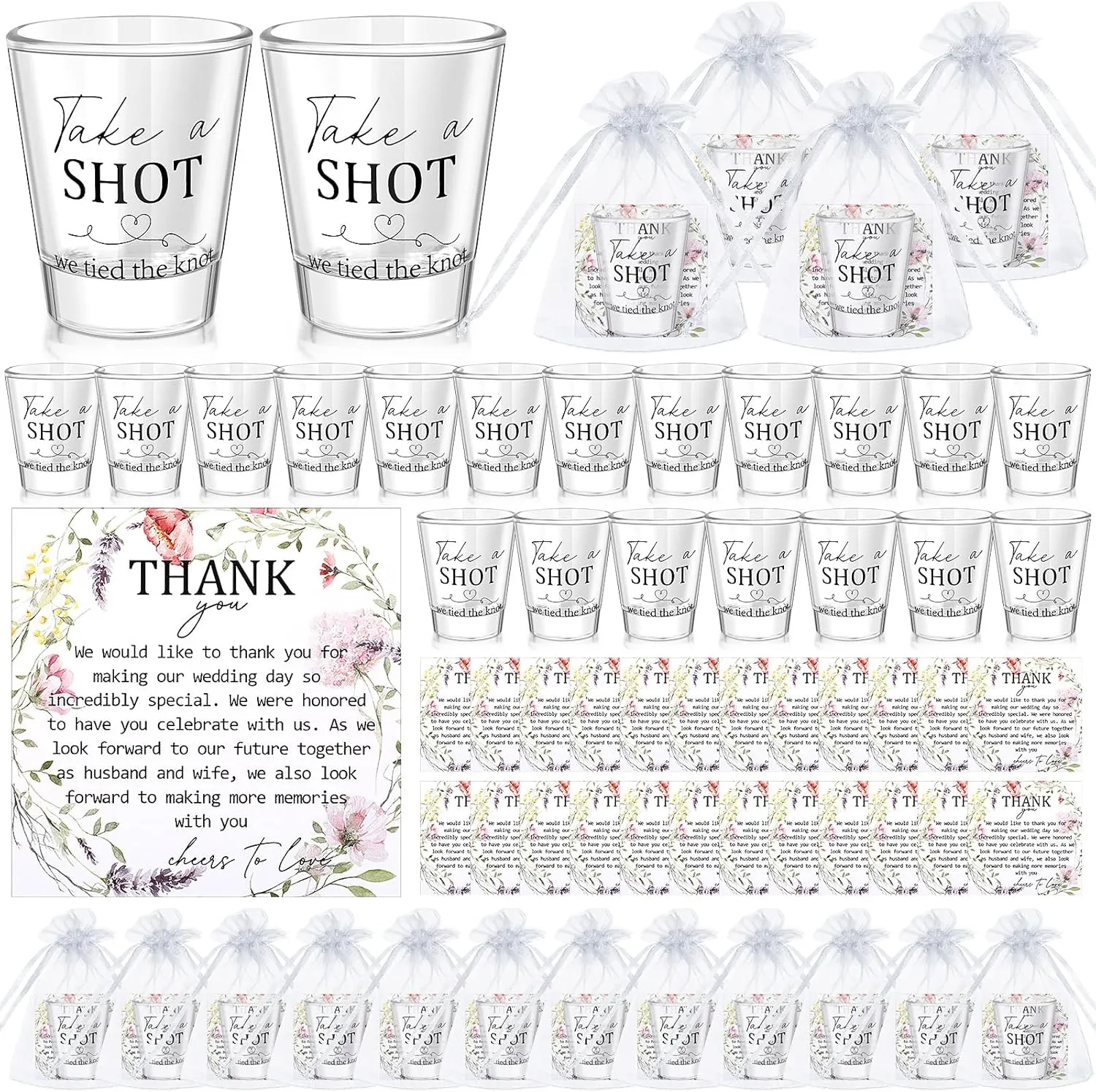 Roshtia 50 Sets Wedding Favors for Guests 2 oz Wedding Shot Glasses Take a Shot We Tied the Knot Glasses Cups with Thank You Cards and Organza Bags for Bridal Shower Party Supplies