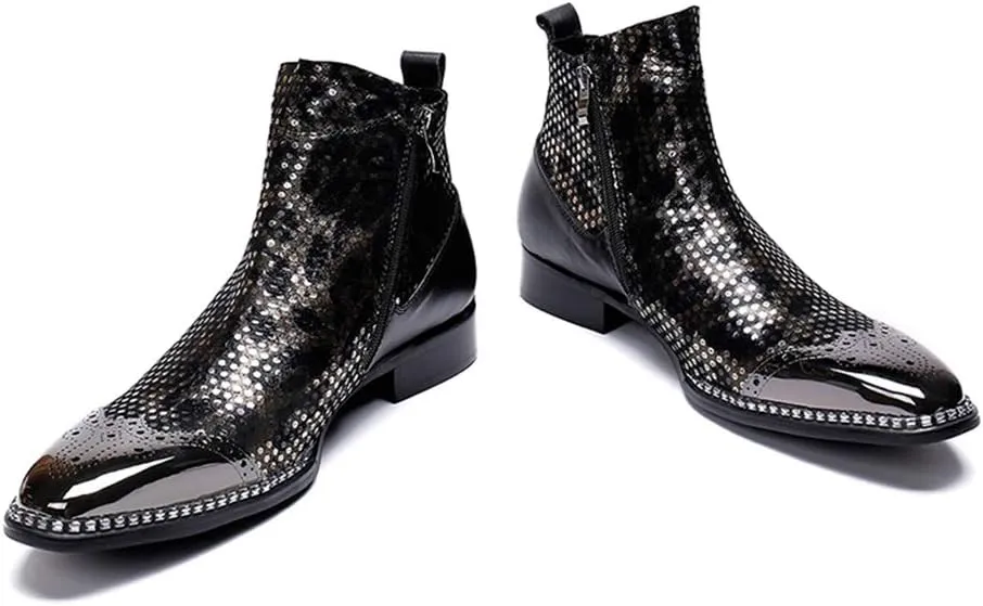 Rui Landed Men's Custom-Made Ankle Boot Casual Fine Ironing Drill Metal Toe Double Zipper Brogue High Top Boot (Color : Black, Size : 10 M US)