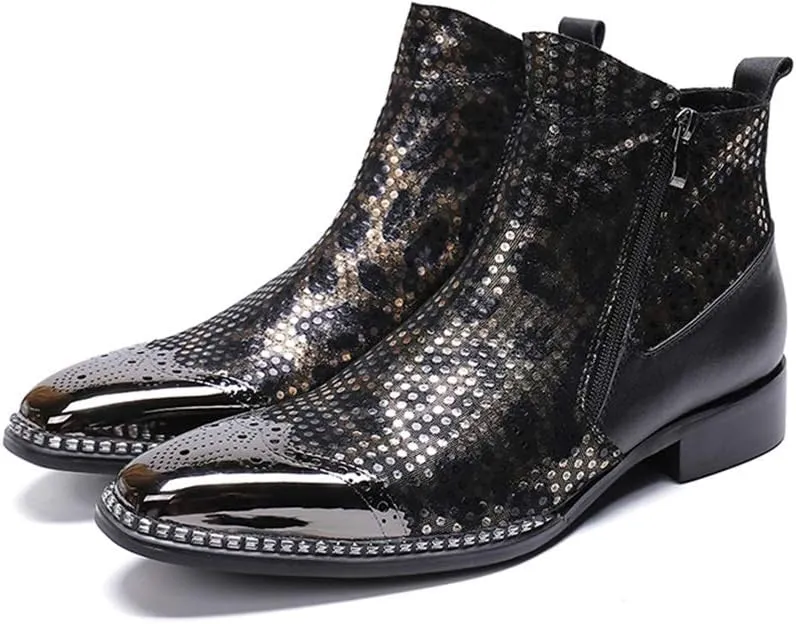 Rui Landed Men's Custom-Made Ankle Boot Casual Fine Ironing Drill Metal Toe Double Zipper Brogue High Top Boot (Color : Black, Size : 10 M US)