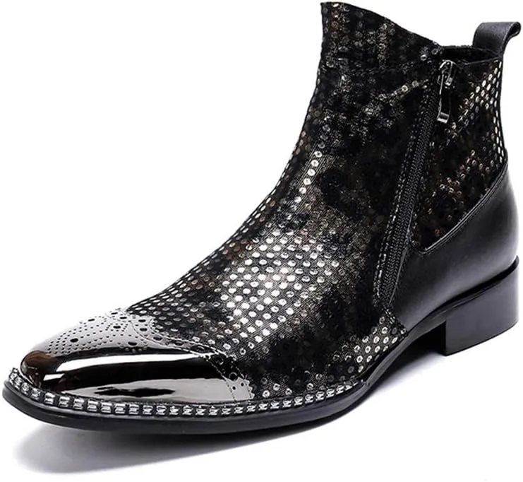 Rui Landed Men's Custom-Made Ankle Boot Casual Fine Ironing Drill Metal Toe Double Zipper Brogue High Top Boot (Color : Black, Size : 10 M US)