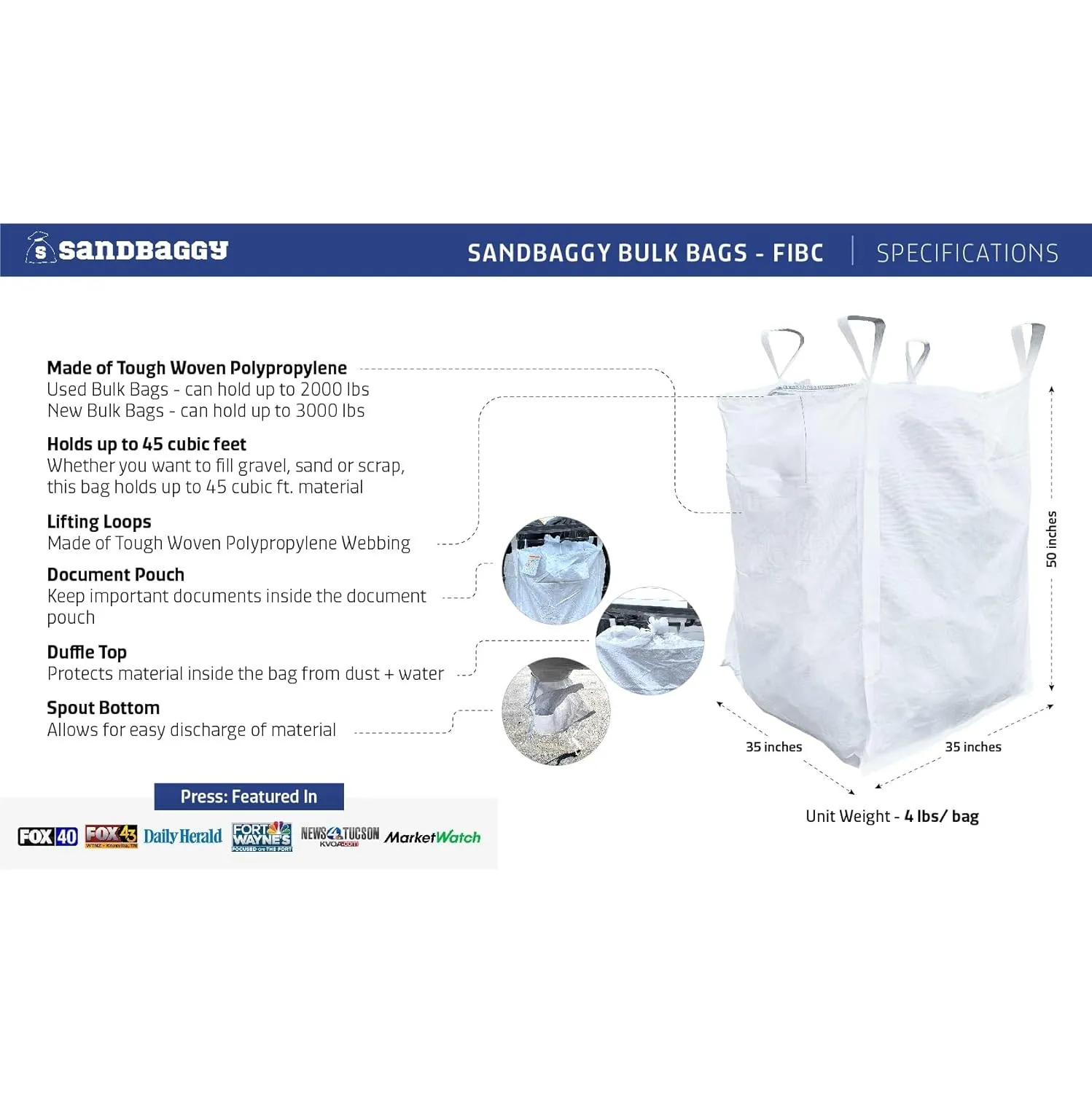 Sandbaggy Used FIBC Bulk Bags (35" x 35" x 50" approx.) - Used Once to Store Food - 2000 lb Capacity (45 cu ft) - UV & Water Resistant (50)