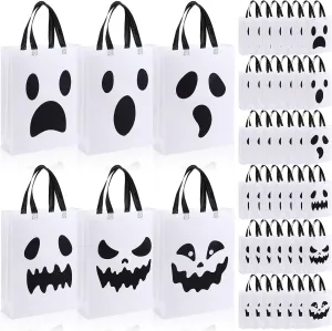 Sanwuta 48 Pcs Halloween Tote Gift Bags 14.9 x 11.8 Large Ghost Reusable Non Woven Candy Treat Goodies Bags for Halloween Party Supplies