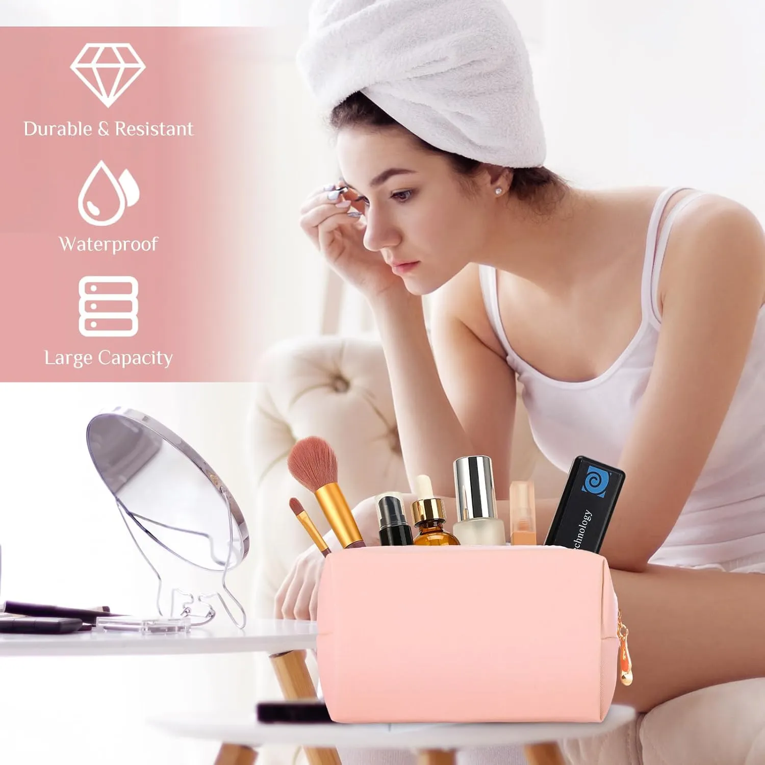 Sanwuta 9 Pcs Makeup Bags PU Double Zippers Cosmetic Bag Makeup Toiletry Pouch Bulk Portable Travel Organizers Case for Women Bachelorette Party End of the Year Graduation Gift(Pink Purple Series)