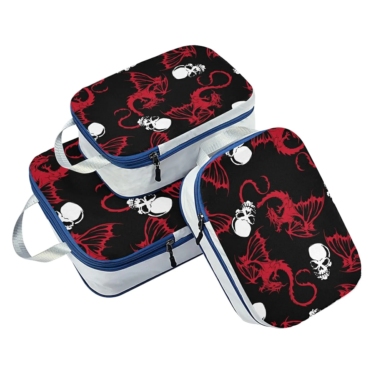 Seamless White Skull and Red Wing Flying Dragon on Dark Black 3 Set Packing Cubes, Waterproof Check Oxford cloth Organizers, Travel Packing Toiletry Storage Bag