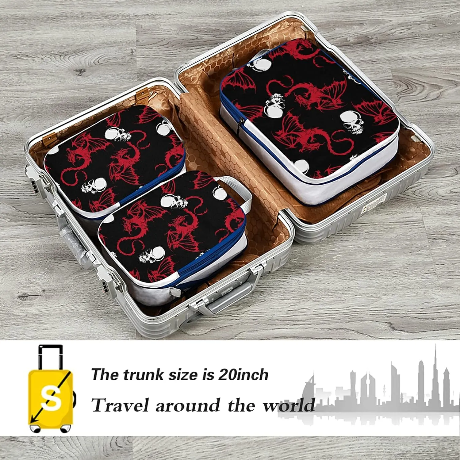 Seamless White Skull and Red Wing Flying Dragon on Dark Black 3 Set Packing Cubes, Waterproof Check Oxford cloth Organizers, Travel Packing Toiletry Storage Bag