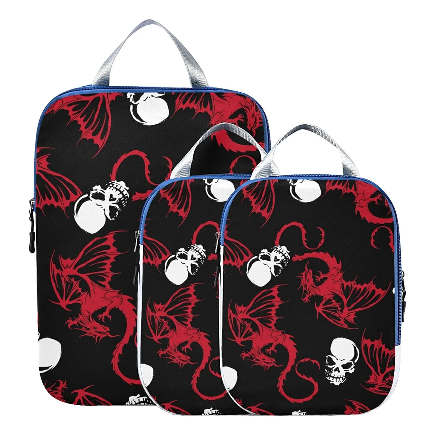 Seamless White Skull and Red Wing Flying Dragon on Dark Black 3 Set Packing Cubes, Waterproof Check Oxford cloth Organizers, Travel Packing Toiletry Storage Bag