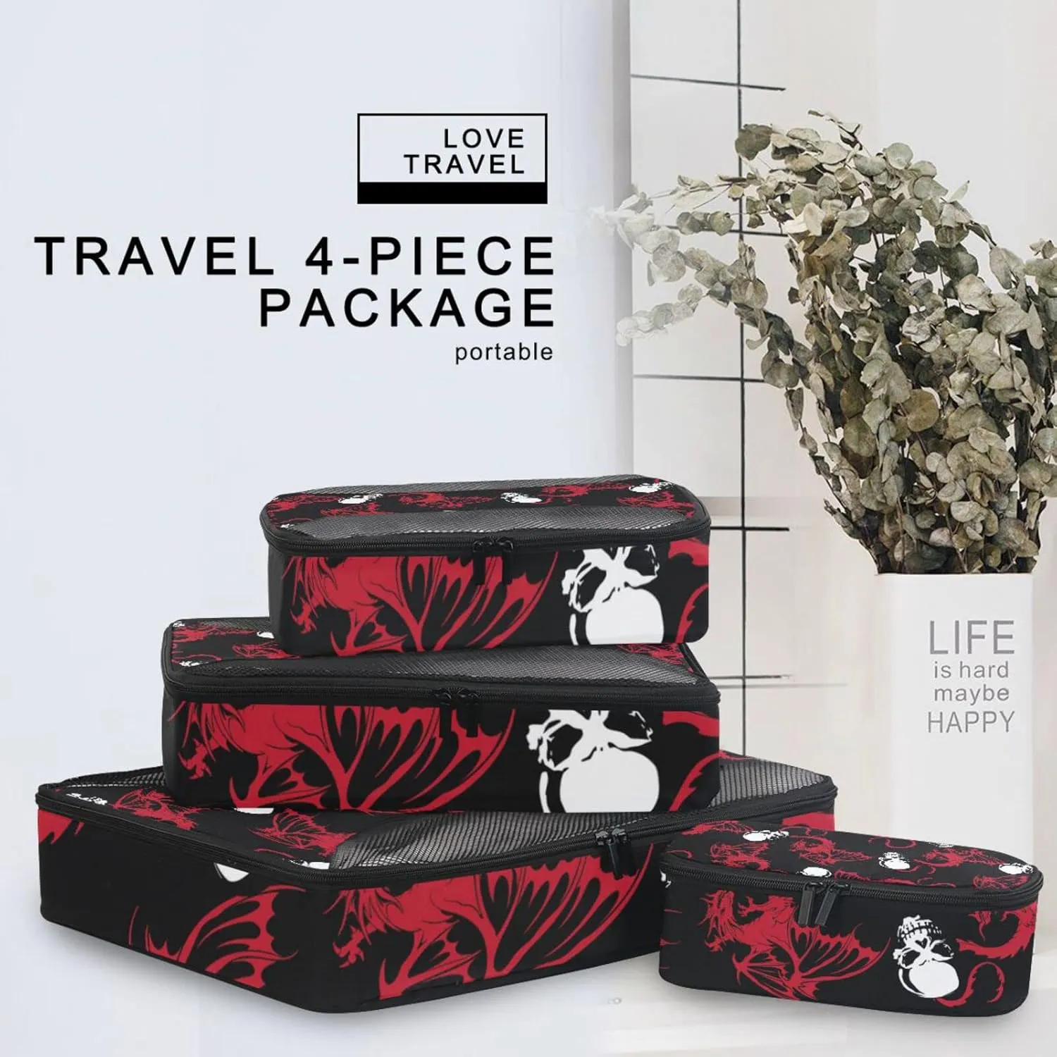 Seamless White Skull and Red Wing Flying Dragon on Dark Black 4 Set Packing Cubes, Travel Packing Organizers, 600D Oxford Cloth Toiletry Storage Bag, Luggage Mesh Bags for Accessories