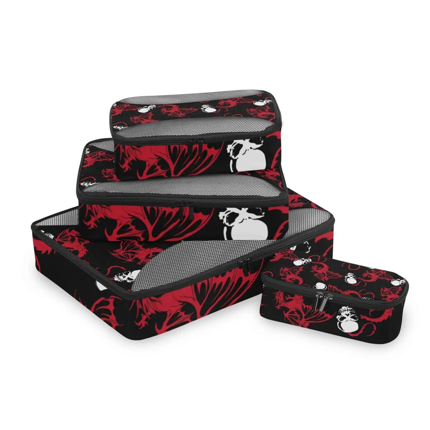 Seamless White Skull and Red Wing Flying Dragon on Dark Black 4 Set Packing Cubes, Travel Packing Organizers, 600D Oxford Cloth Toiletry Storage Bag, Luggage Mesh Bags for Accessories