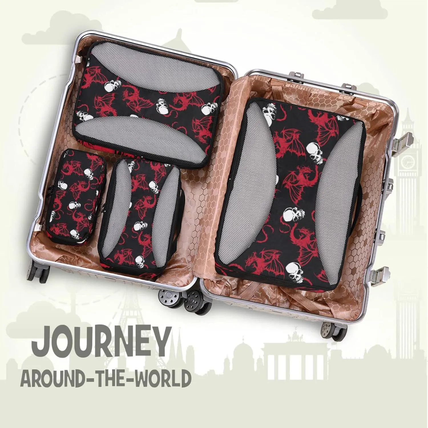 Seamless White Skull and Red Wing Flying Dragon on Dark Black 4 Set Packing Cubes, Travel Packing Organizers, 600D Oxford Cloth Toiletry Storage Bag, Luggage Mesh Bags for Accessories