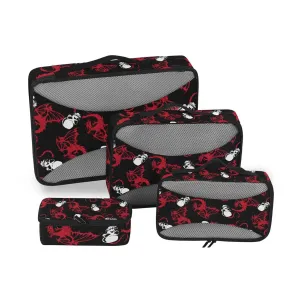 Seamless White Skull and Red Wing Flying Dragon on Dark Black 4 Set Packing Cubes, Travel Packing Organizers, 600D Oxford Cloth Toiletry Storage Bag, Luggage Mesh Bags for Accessories