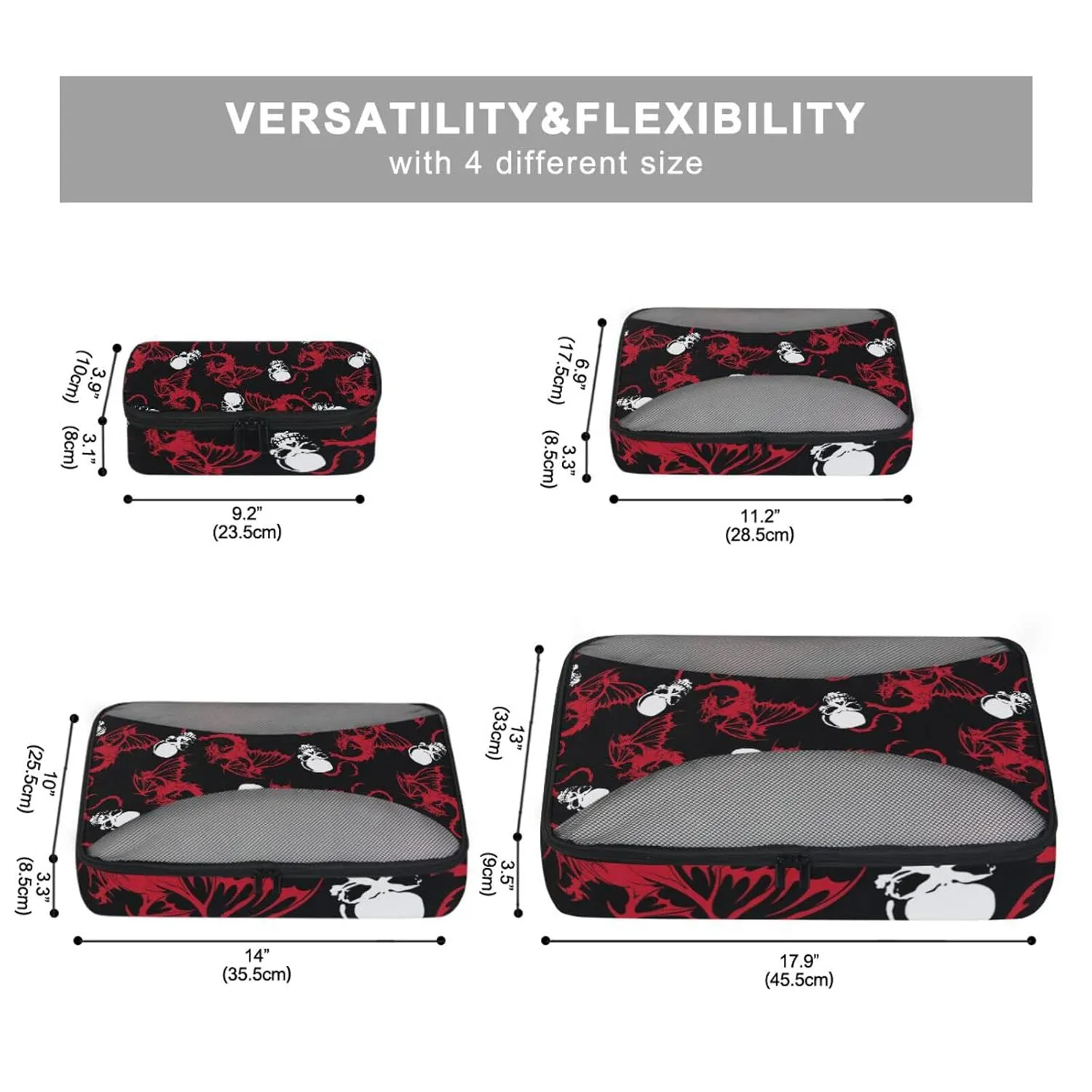Seamless White Skull and Red Wing Flying Dragon on Dark Black 4 Set Packing Cubes, Travel Packing Organizers, 600D Oxford Cloth Toiletry Storage Bag, Luggage Mesh Bags for Accessories
