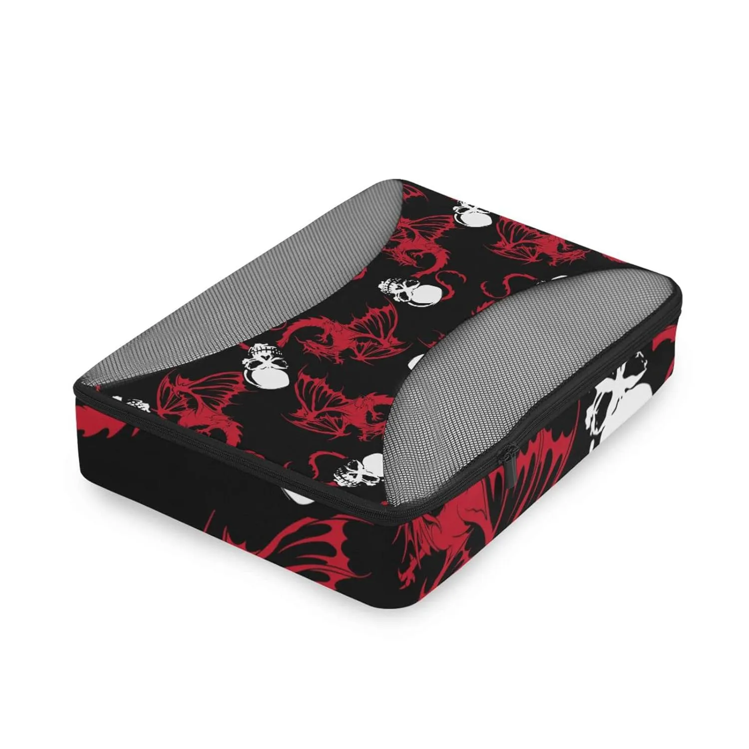 Seamless White Skull and Red Wing Flying Dragon on Dark Black 4 Set Packing Cubes, Travel Packing Organizers, 600D Oxford Cloth Toiletry Storage Bag, Luggage Mesh Bags for Accessories