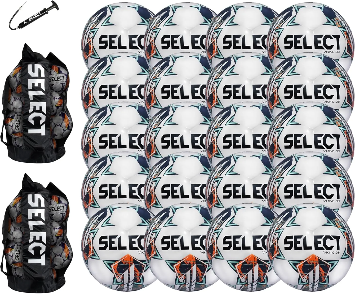 SELECT Viking DB Soccer Ball, White/Teal/Orange V24, 20-Ball Pack with 2 Ball Bags and Hand Pump, Size 5