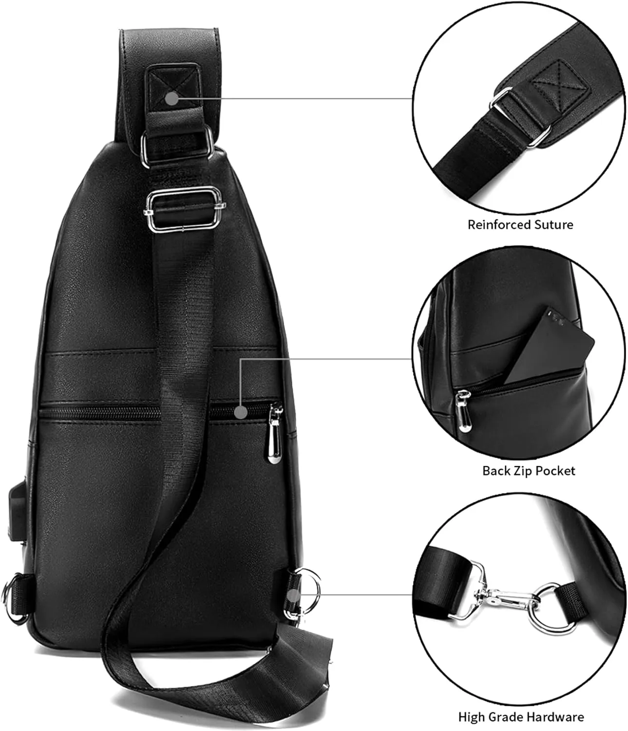 Seoky Rop Men Leather Sling Bag Purse Waterproof Crossbody Chest Bag Sling Backpack with USB Charging Port One Shoulder Bag Black