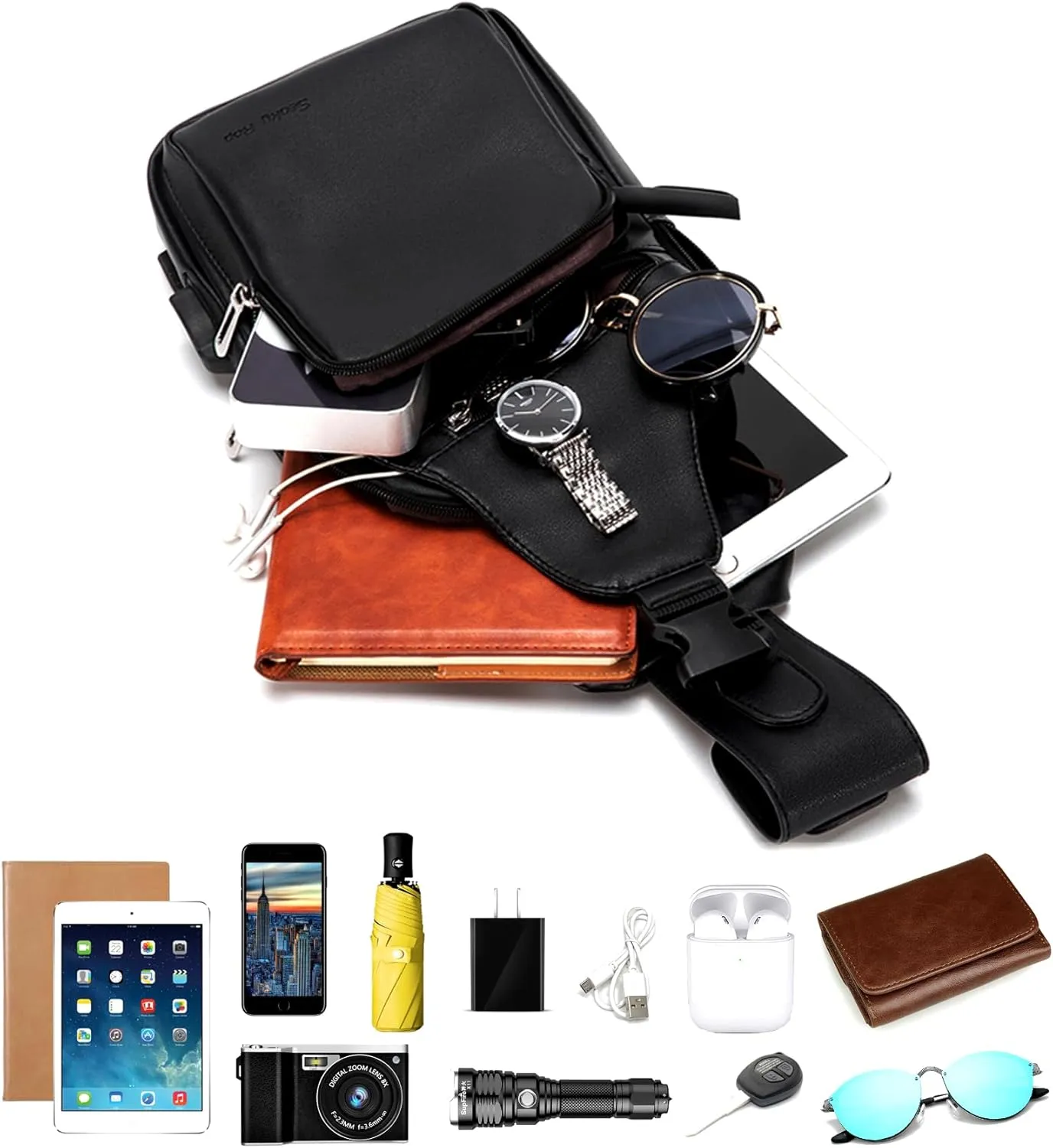 Seoky Rop Men Leather Sling Bag Purse Waterproof Crossbody Chest Bag Sling Backpack with USB Charging Port One Shoulder Bag Black