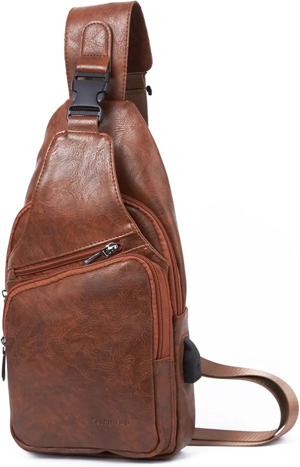 Seoky Rop Men's Leather Sling Bag Shoulder Crossbody Chest Bag with USB Charge Port Casual Daypack Brown One Size