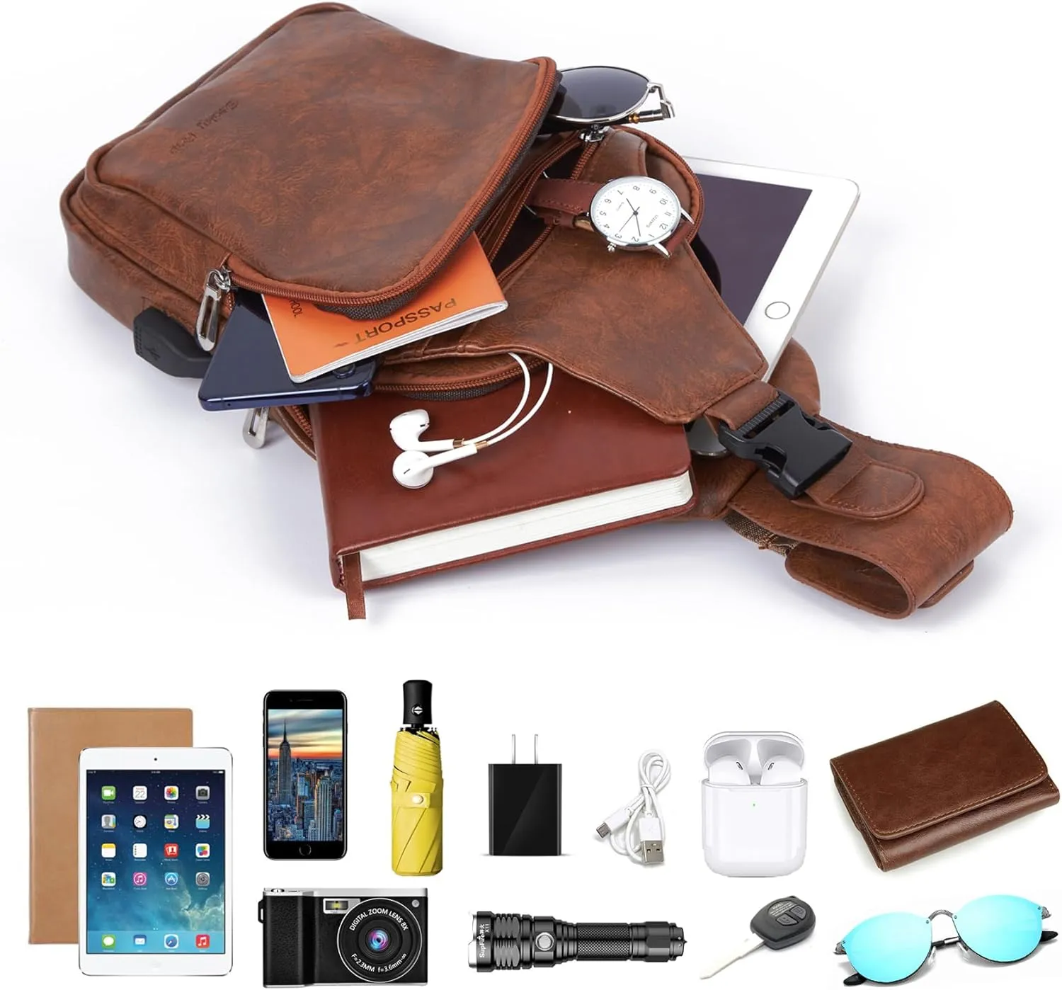 Seoky Rop Men's Leather Sling Bag Shoulder Crossbody Chest Bag with USB Charge Port Casual Daypack Brown One Size