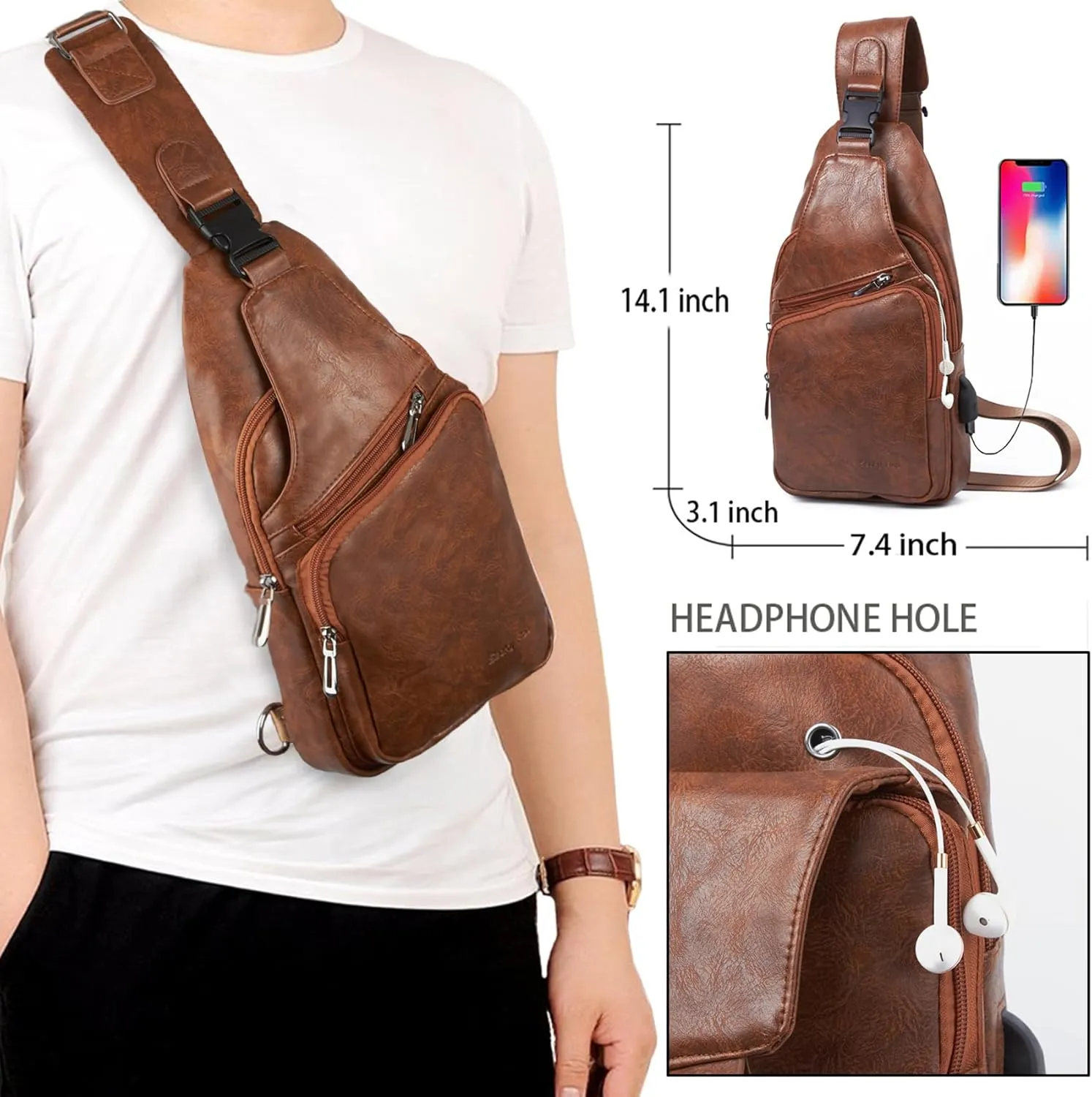 Seoky Rop Men's Leather Sling Bag Shoulder Crossbody Chest Bag with USB Charge Port Casual Daypack Brown One Size