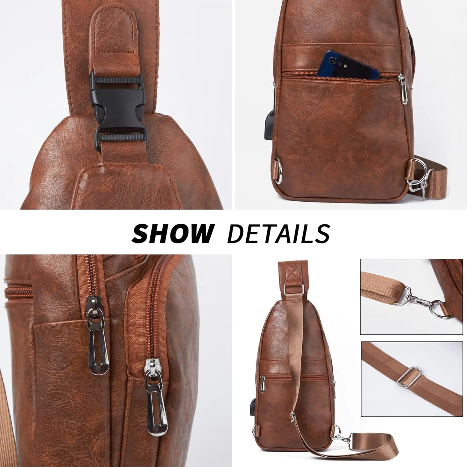 Seoky Rop Men's Leather Sling Bag Shoulder Crossbody Chest Bag with USB Charge Port Casual Daypack Brown One Size