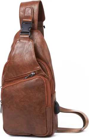 Seoky Rop Men's Leather Sling Bag Shoulder Crossbody Chest Bag with USB Charge Port Casual Daypack Brown One Size