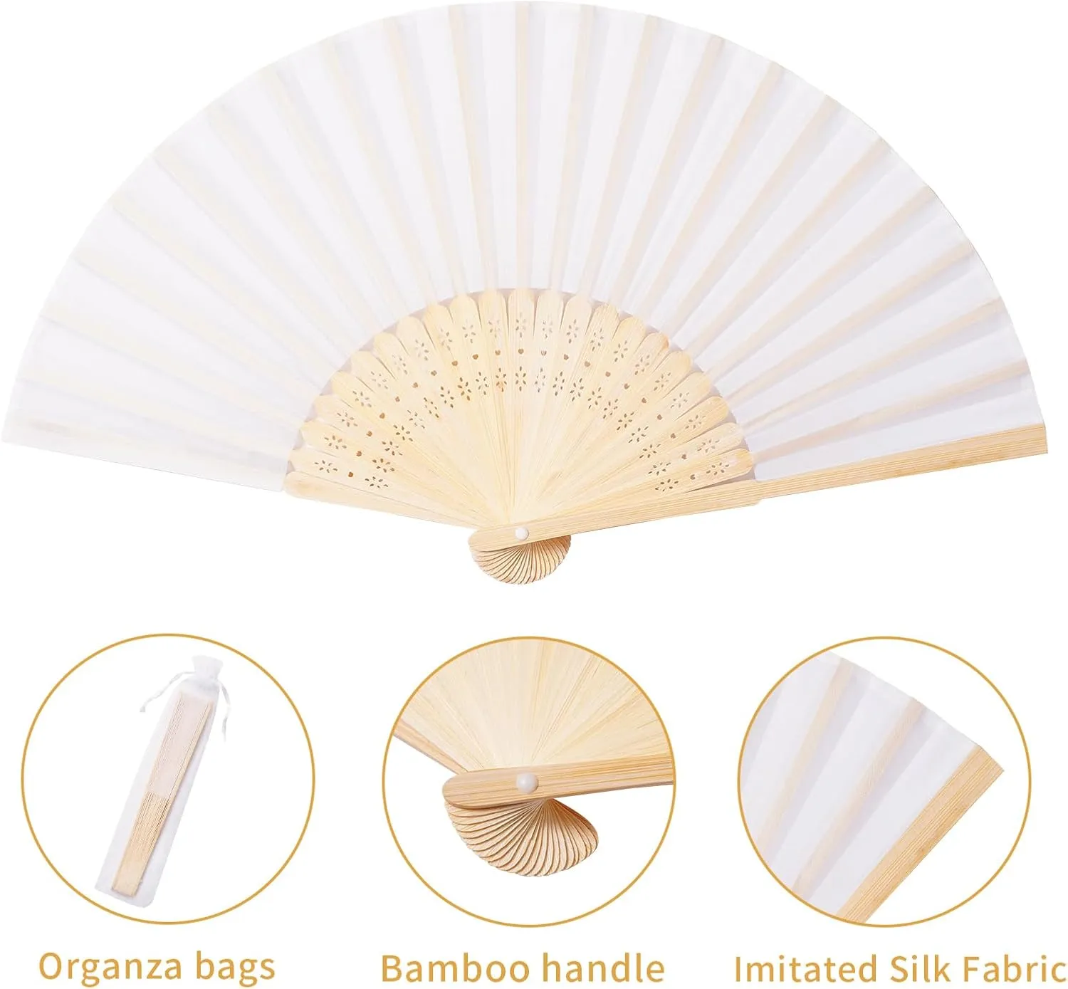 Sepwedd 50pcs White Imitated Silk Fabric Bamboo Folded Hand Fan Bridal Dancing Props Church Wedding party favors with Organza Bags