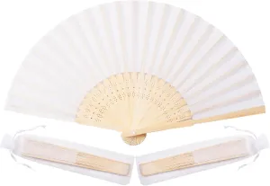Sepwedd 50pcs White Imitated Silk Fabric Bamboo Folded Hand Fan Bridal Dancing Props Church Wedding party favors with Organza Bags