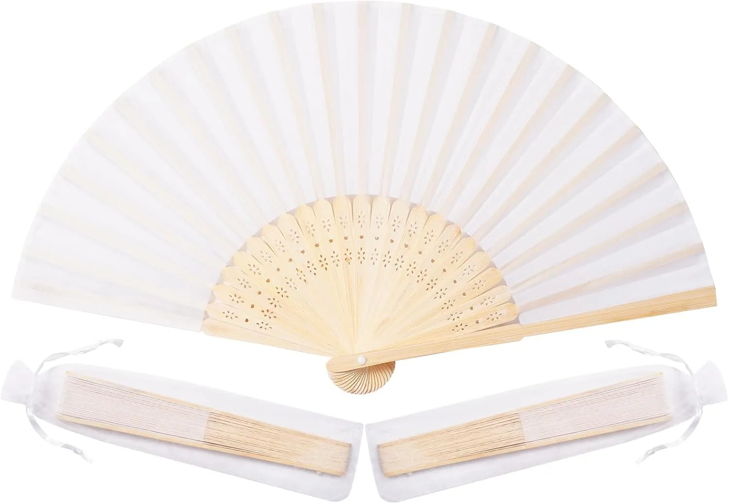 Sepwedd 50pcs White Imitated Silk Fabric Bamboo Folded Hand Fan Bridal Dancing Props Church Wedding party favors with Organza Bags
