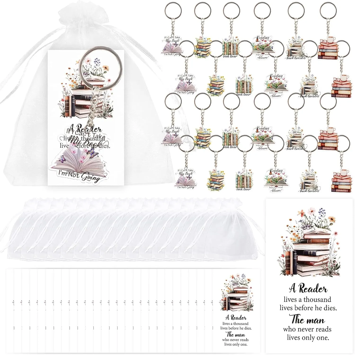 Serencatcher 72pcs Book Inspirational Keychain Party Favors with Book Theme Keychains Cards Organza Bags Book Lovers Gifts Bulk for Women Book Club Members Writers Bookish Librarian Bookworm
