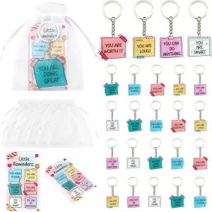 Serencatcher Note To Self Inspirational Party Favors - 24 Sets Little Reminders Keychains(6 Designs) Inspirational Cards Organza Bags for Class Rewards Gifts Employee Appreciation Coworker Staff