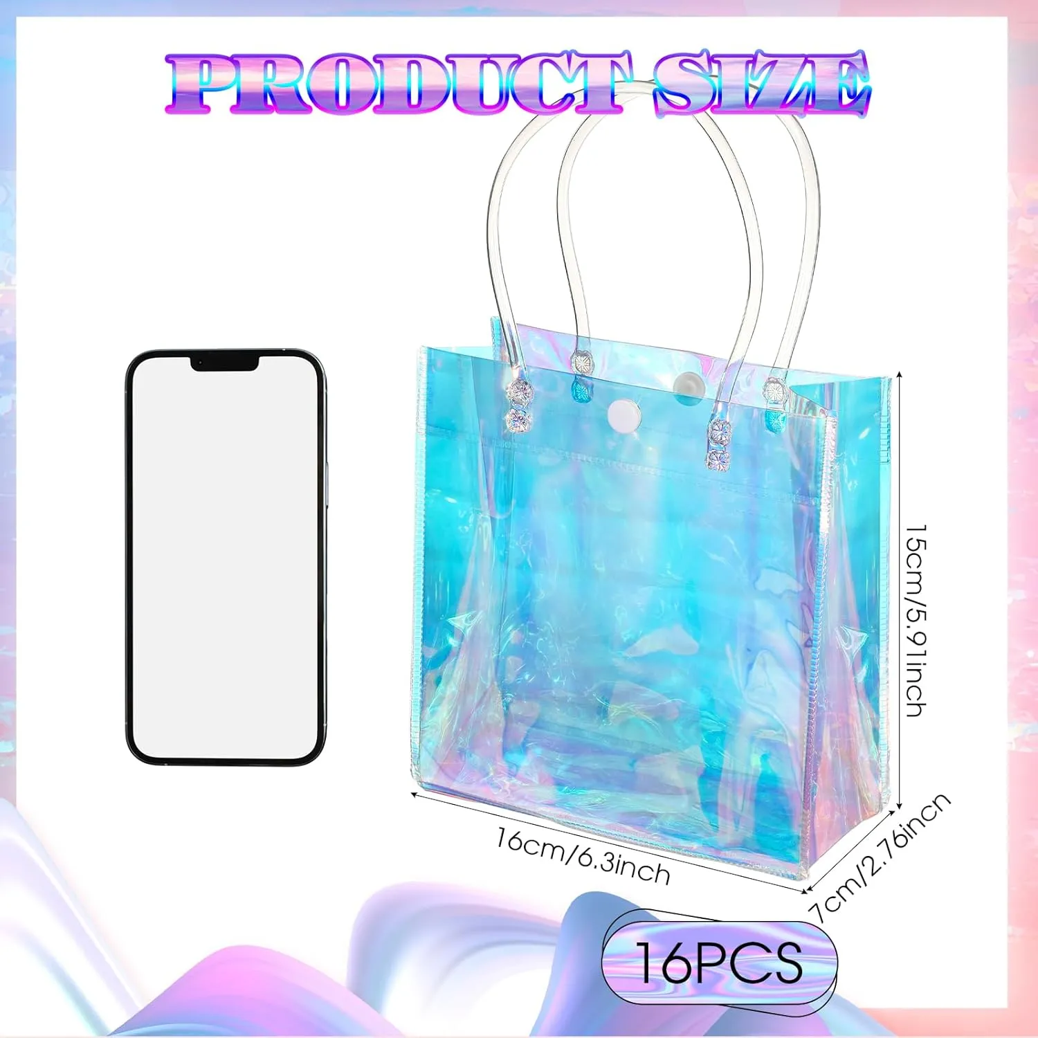 Sherr 16 Pcs Holographic Small Gift Bag Reusable Iridescent Clear Bags for Women PVC Plastic Goodie Holder with Handles for Shopping Christmas Holiday Gift Party Favor(5.91" x 6.3" x 2.76",Rainbow)