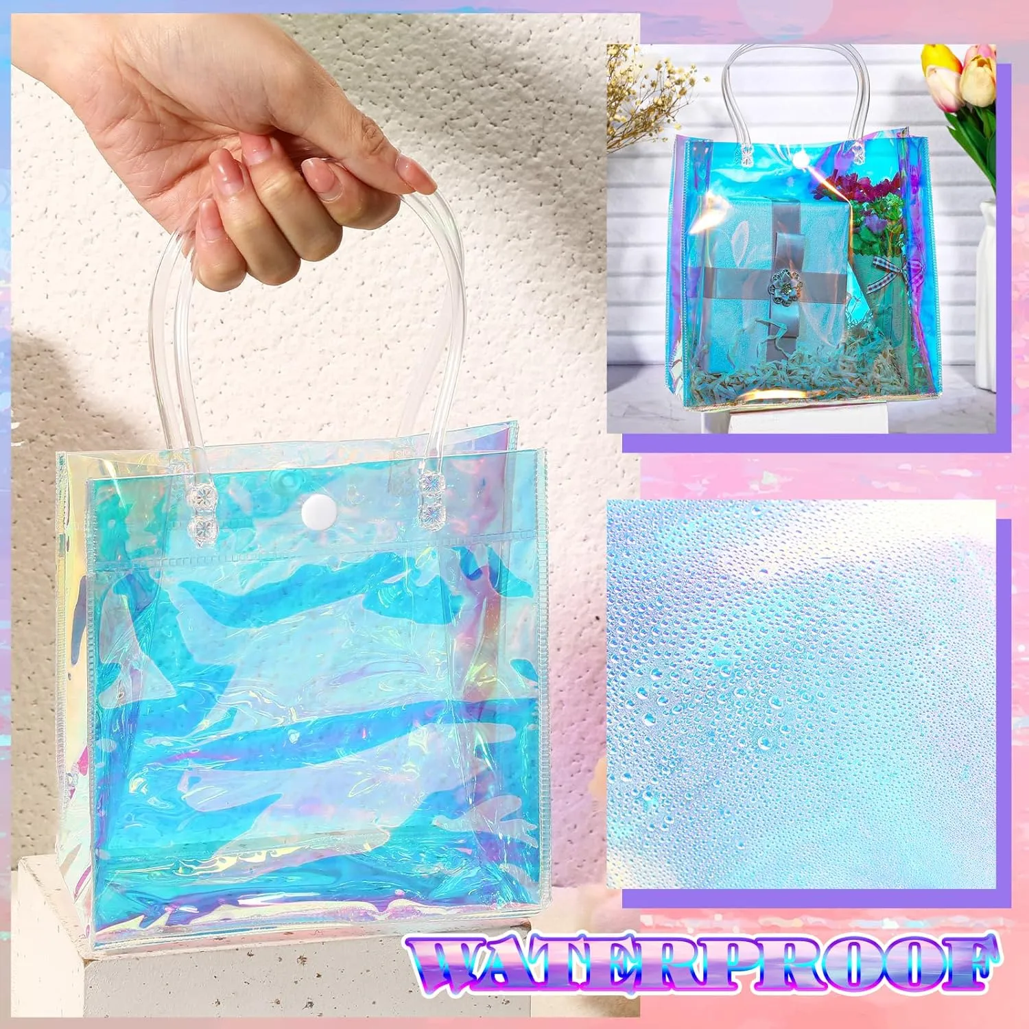 Sherr 16 Pcs Holographic Small Gift Bag Reusable Iridescent Clear Bags for Women PVC Plastic Goodie Holder with Handles for Shopping Christmas Holiday Gift Party Favor(5.91" x 6.3" x 2.76",Rainbow)