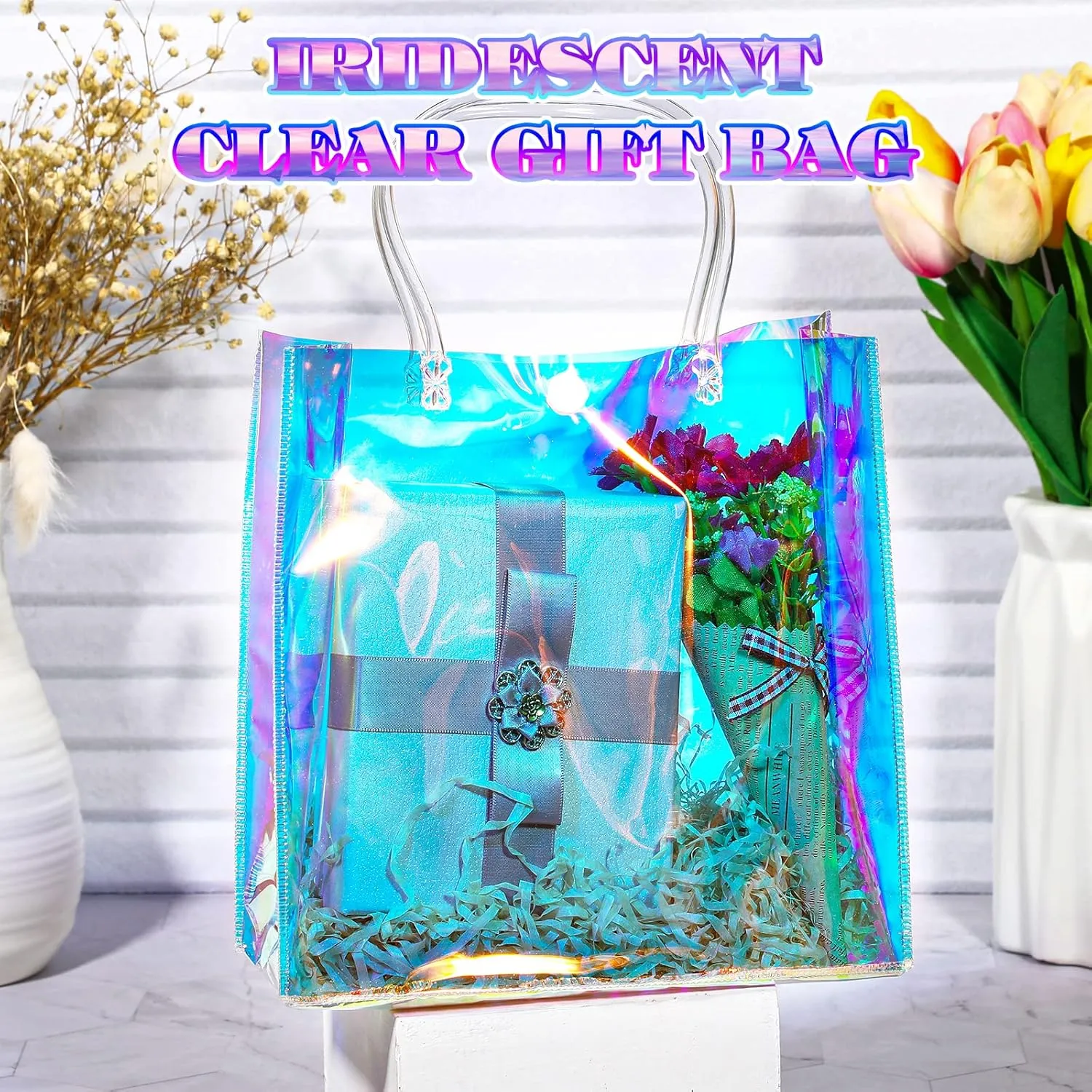 Sherr 16 Pcs Holographic Small Gift Bag Reusable Iridescent Clear Bags for Women PVC Plastic Goodie Holder with Handles for Shopping Christmas Holiday Gift Party Favor(5.91" x 6.3" x 2.76",Rainbow)