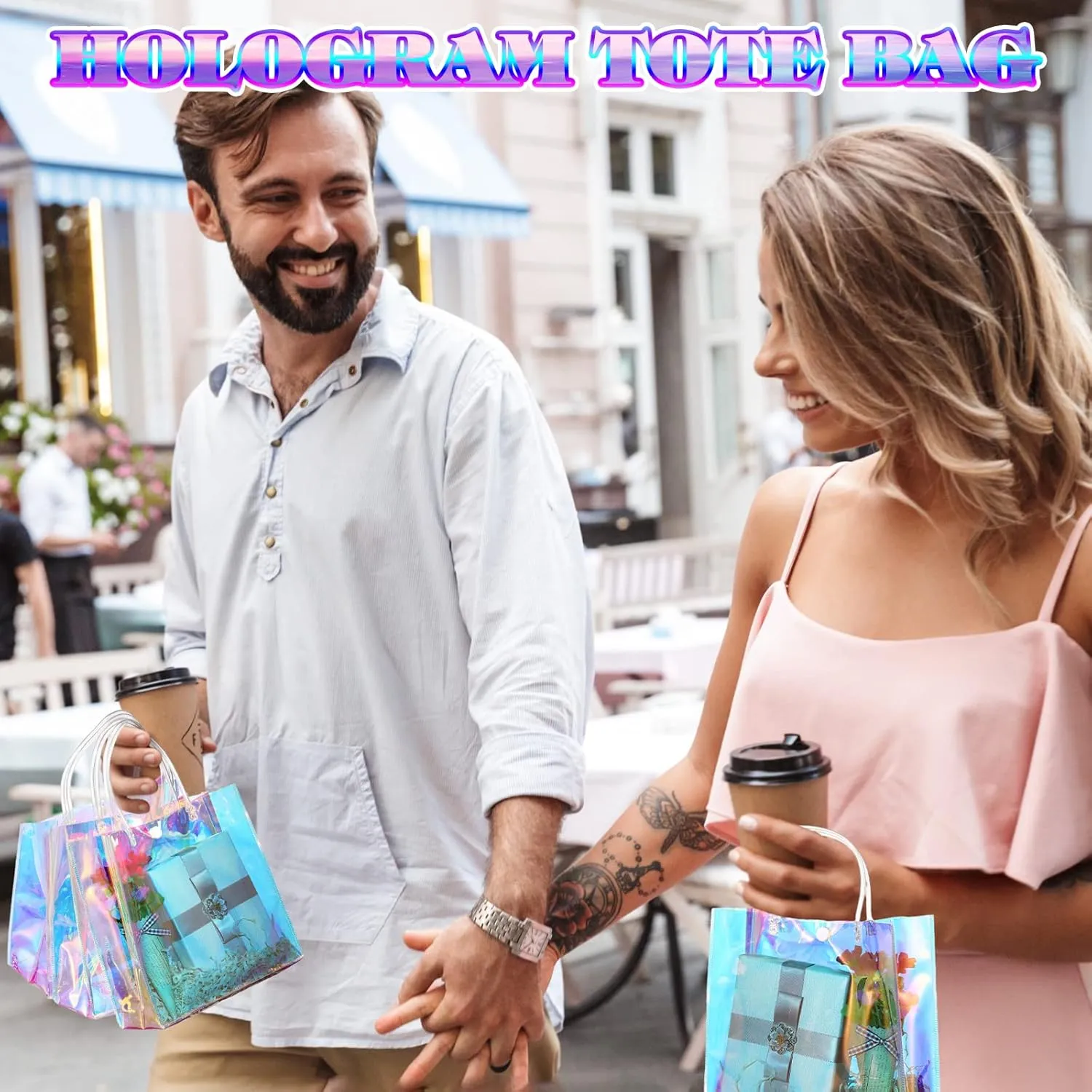 Sherr 16 Pcs Holographic Small Gift Bag Reusable Iridescent Clear Bags for Women PVC Plastic Goodie Holder with Handles for Shopping Christmas Holiday Gift Party Favor(5.91" x 6.3" x 2.76",Rainbow)