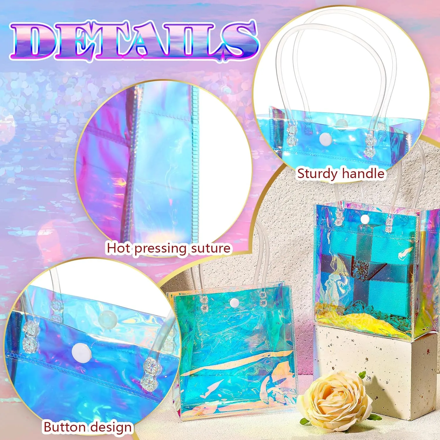 Sherr 16 Pcs Holographic Small Gift Bag Reusable Iridescent Clear Bags for Women PVC Plastic Goodie Holder with Handles for Shopping Christmas Holiday Gift Party Favor(5.91" x 6.3" x 2.76",Rainbow)