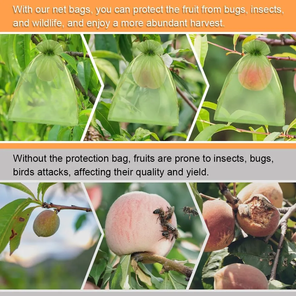 Shintop 100Pcs Fruit Protection Bags, 6x9 Inch Green Fruit Tree Netting Cover Drawstring Mesh Tomato Bags Pest Barrier for Apples Mango